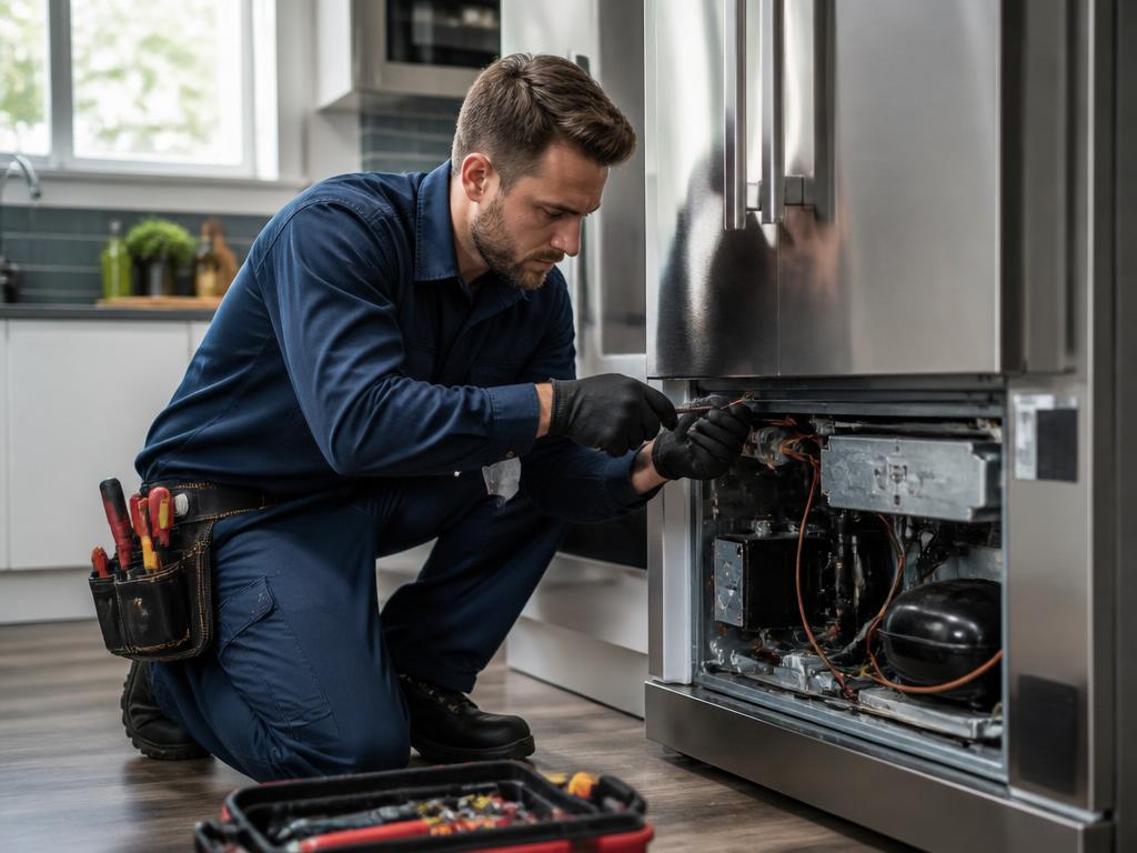Técnico consertando geladeira em cozinha residencial