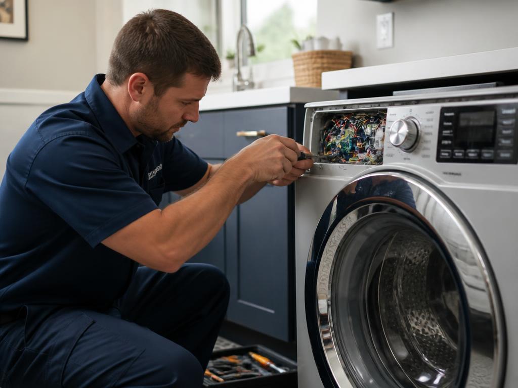 Técnico reparando máquina de lavar roupa