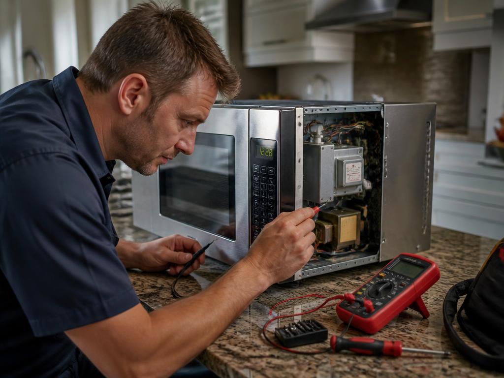 Técnico reparando micro-ondas na bancada da cozinha